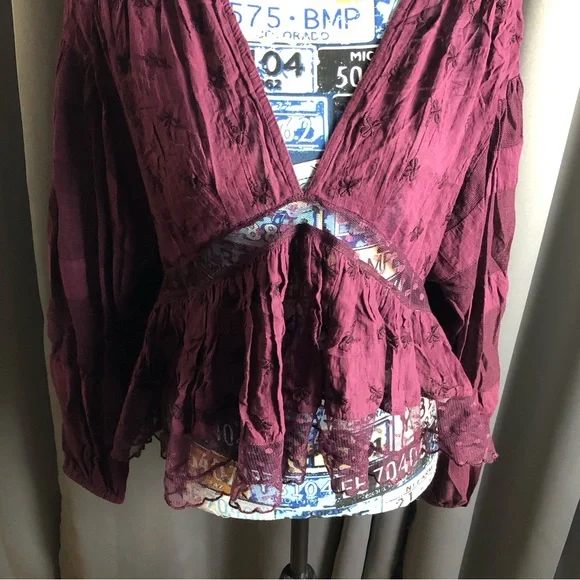 Free People Boho Hippy Floral Embroidered Sheer Paneling Long Sleeve Blouse - Picture 2 of 12